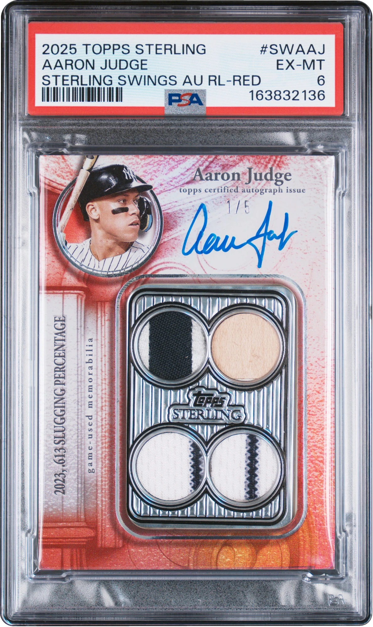 2025 Topps Sterling Swings Red Aaron Judge PATCH AUTO 1/5 #SWAAJ PSA 6 EXMT