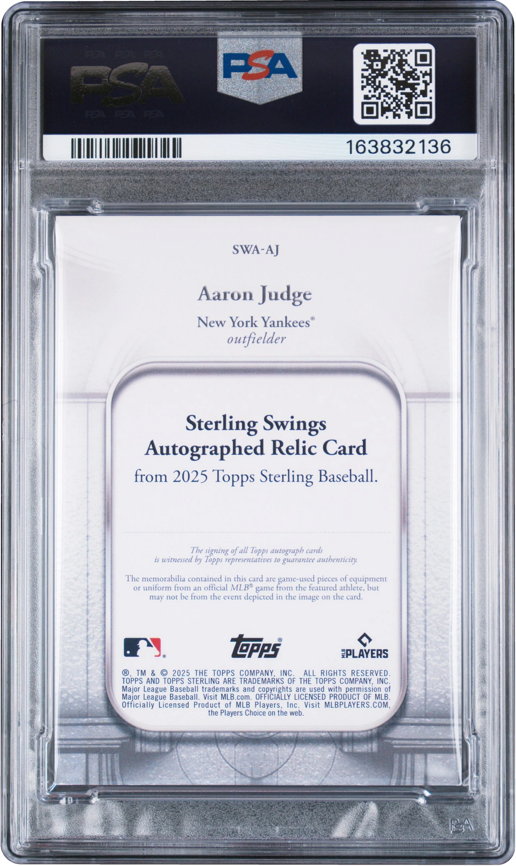 2025 Topps Sterling Swings Red Aaron Judge PATCH AUTO 1/5 #SWAAJ PSA 6 EXMT