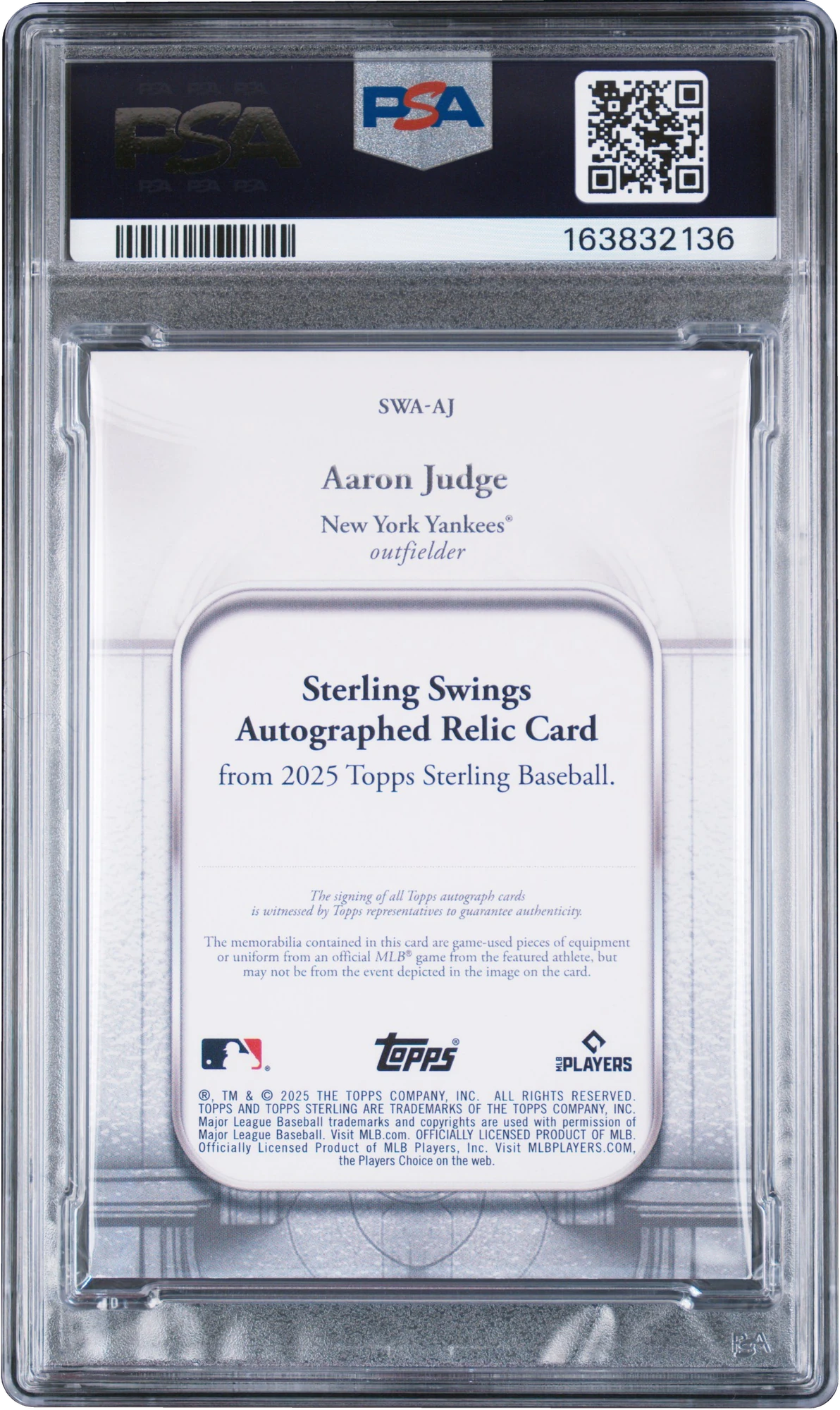 2025 Topps Sterling Swings Red Aaron Judge PATCH AUTO 1/5 #SWAAJ PSA 6 EXMT