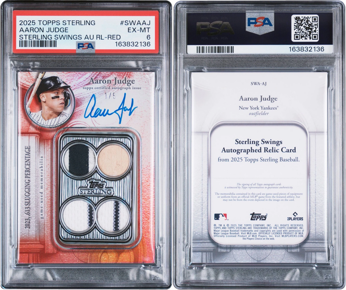 2025 Topps Sterling Swings Red Aaron Judge PATCH AUTO 1/5 #SWAAJ PSA 6 EXMT