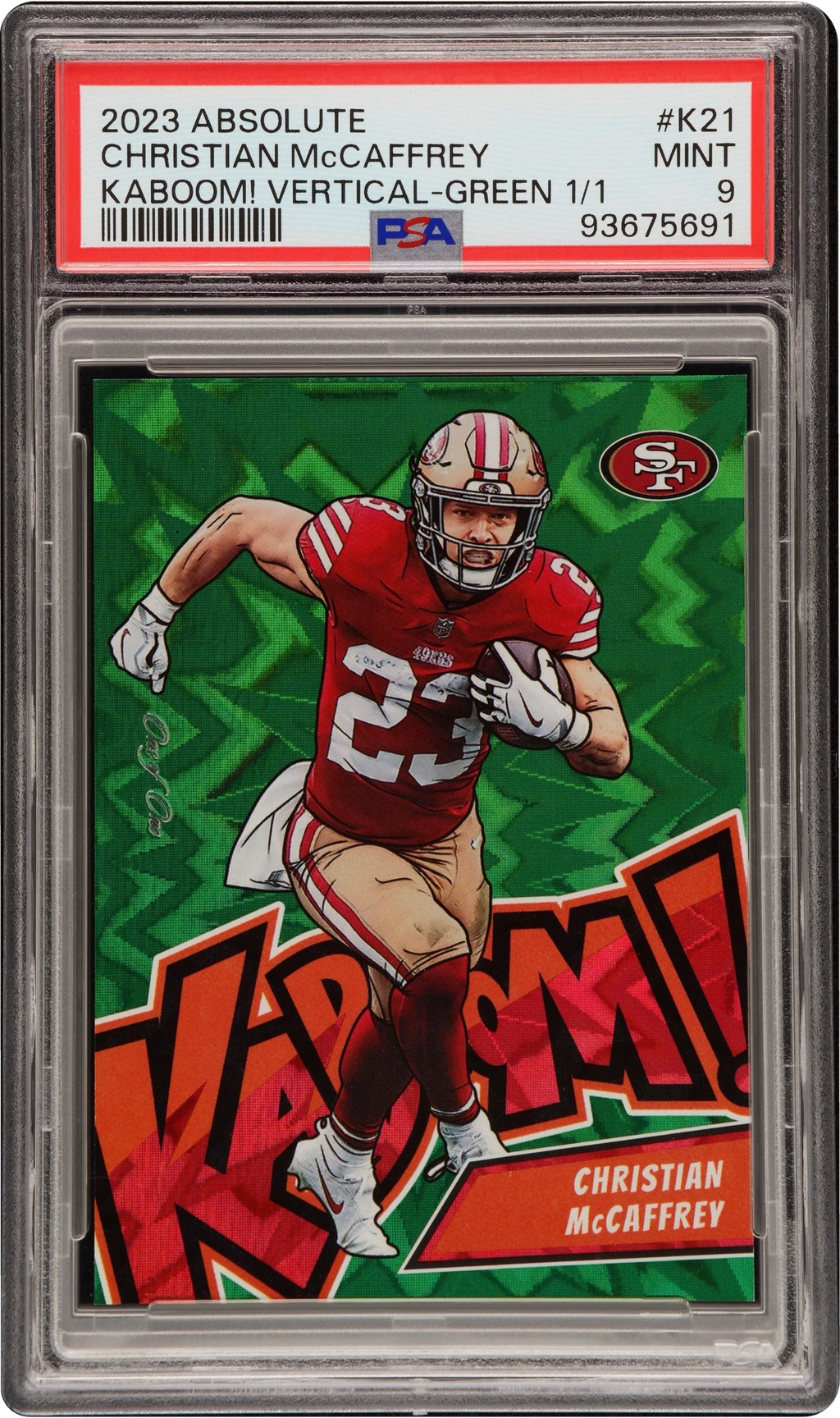 2023 Absolute Kaboom! Vertical Green Christian McCaffrey 1/1 #K21 PSA 9 MINT