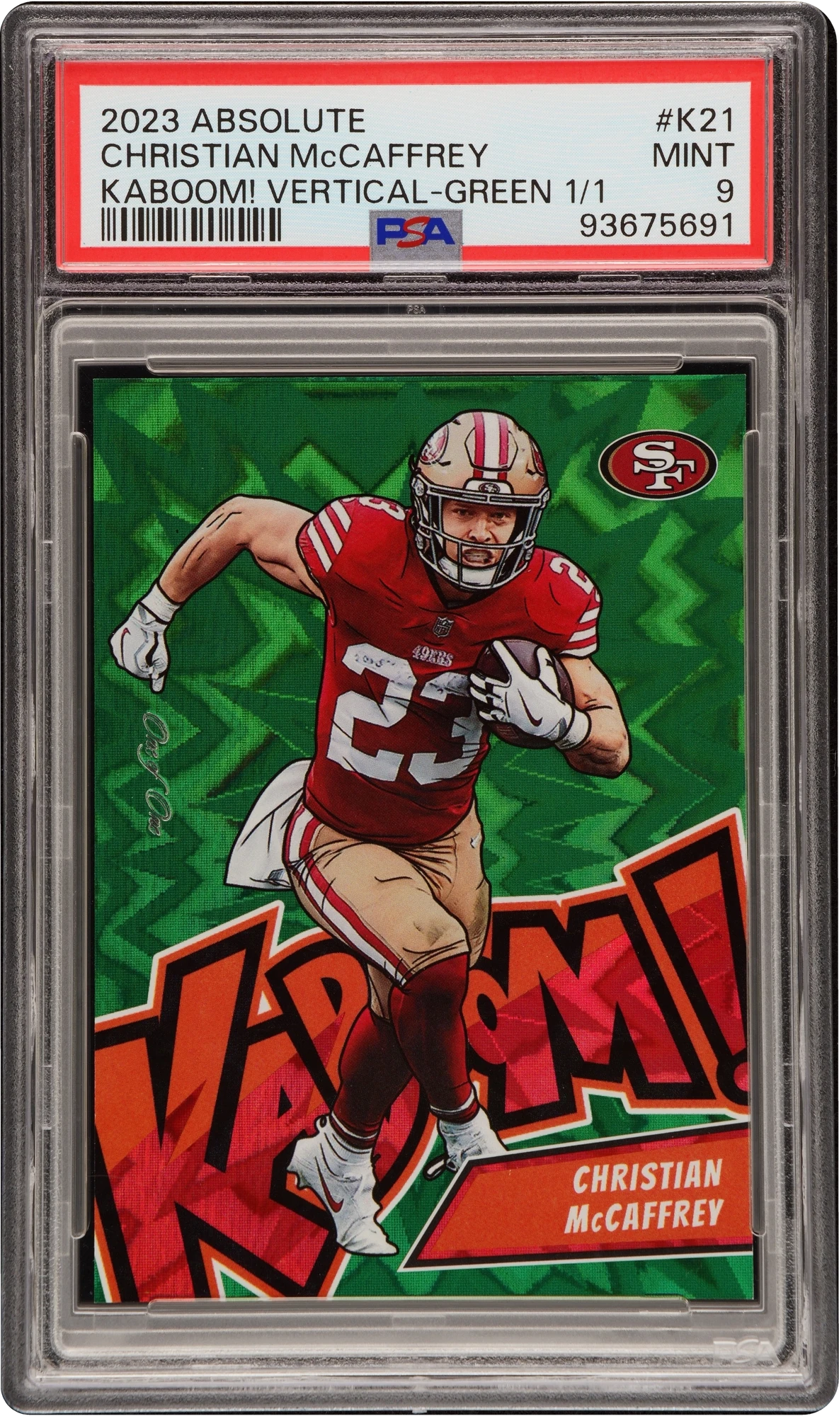 2023 Absolute Kaboom! Vertical Green Christian McCaffrey 1/1 #K21 PSA 9 MINT
