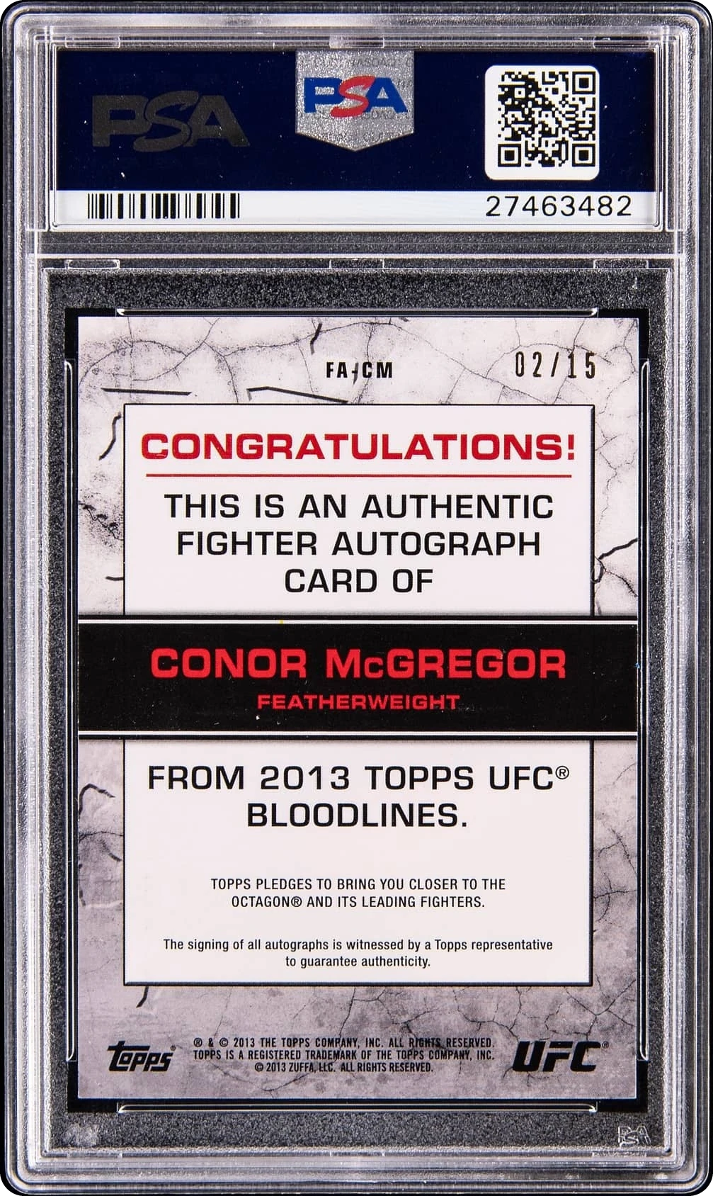 2013 Topps UFC Bloodlines Fighter Red Ink Conor McGregor ROOKIE AUTO DNA 10 /15 #FA-CM PSA 10