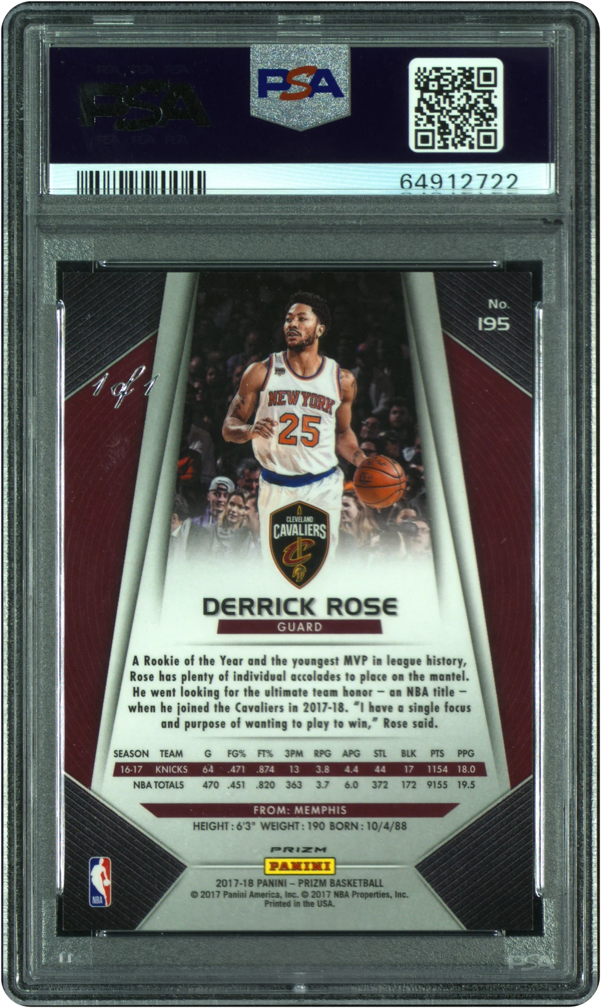 2017 Panini Prizm Black Derrick Rose 1/1 #195 PSA 9 MINT