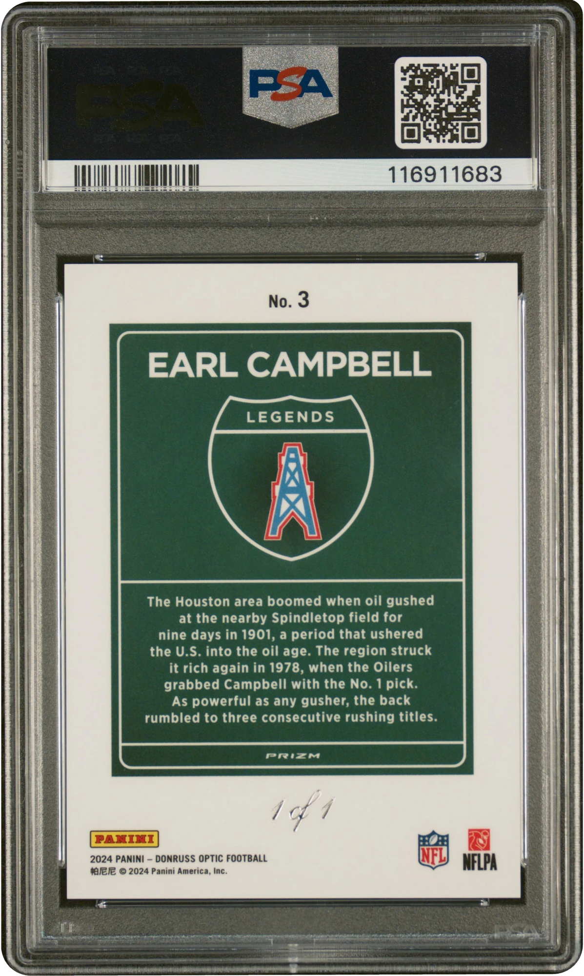 2024 Donruss Optic Downtown Legends White Sparkle Earl Campbell 1/1 #3 PSA 9 MINT