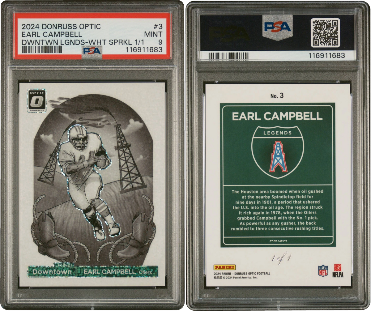 2024 Donruss Optic Downtown Legends White Sparkle Earl Campbell 1/1 #3 PSA 9 MINT