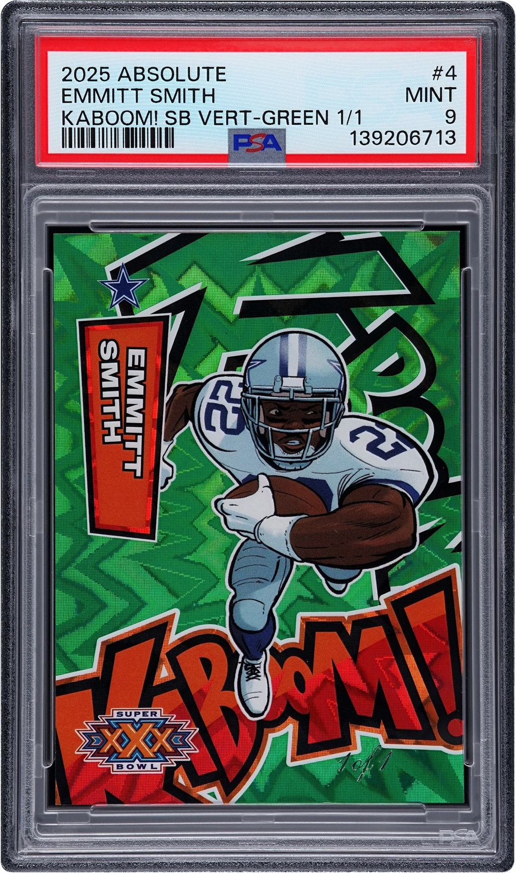 2025 Absolute Kaboom! Super Bowl Vertical Green Emmitt Smith 1/1 #4 PSA 9 MINT