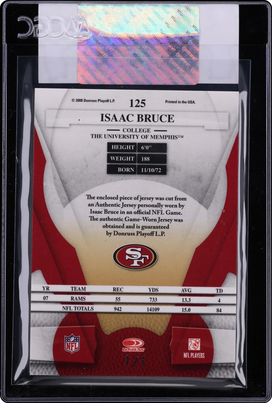 2008 Leaf Certified Materials Mirror Black NFL Logo Isaac Bruce PATCH 1/1 #125 CGC AUTH