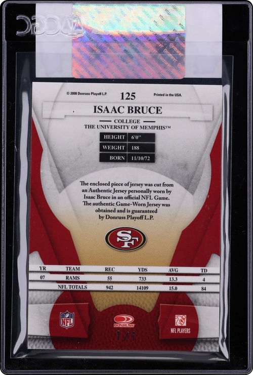 2008 Leaf Certified Materials Mirror Black NFL Logo Isaac Bruce PATCH 1/1 #125 CGC AUTH