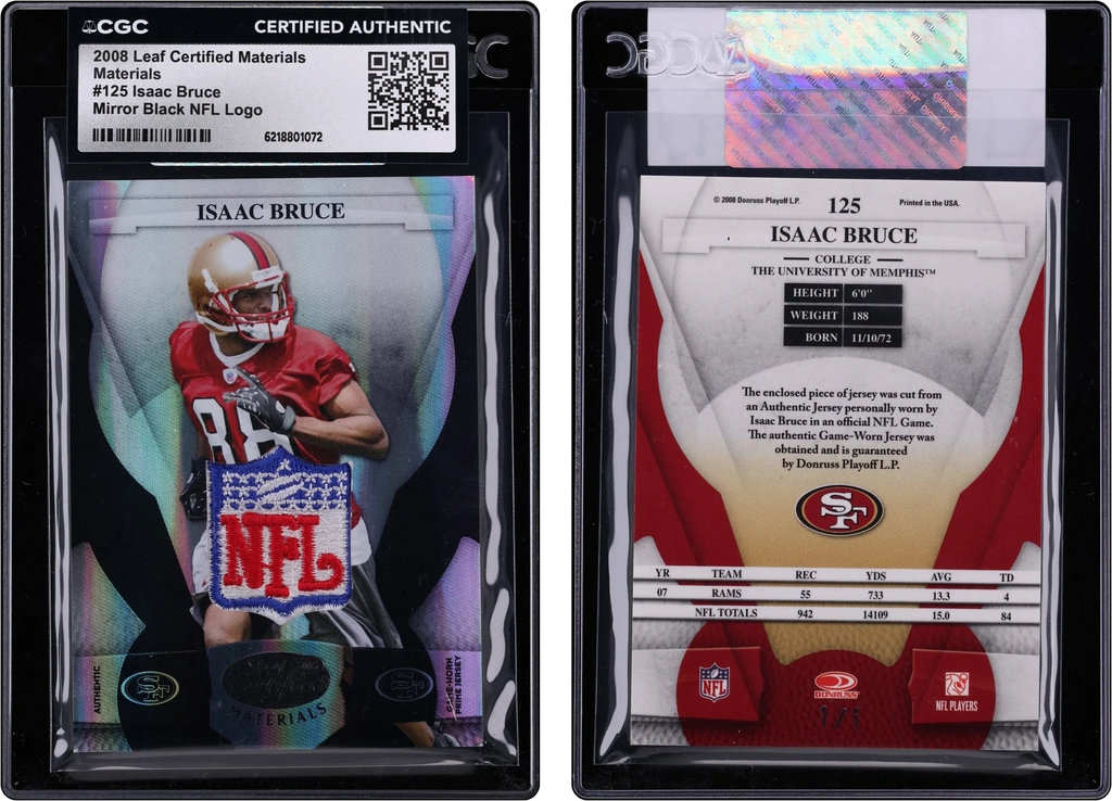 2008 Leaf Certified Materials Mirror Black NFL Logo Isaac Bruce PATCH 1/1 #125 CGC AUTH