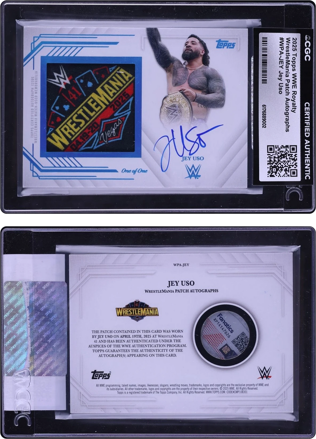 2025 Topps WWE Royalty WrestleMania Jey Uso PATCH AUTO 1/1 #WPA-JEY CGC AUTH