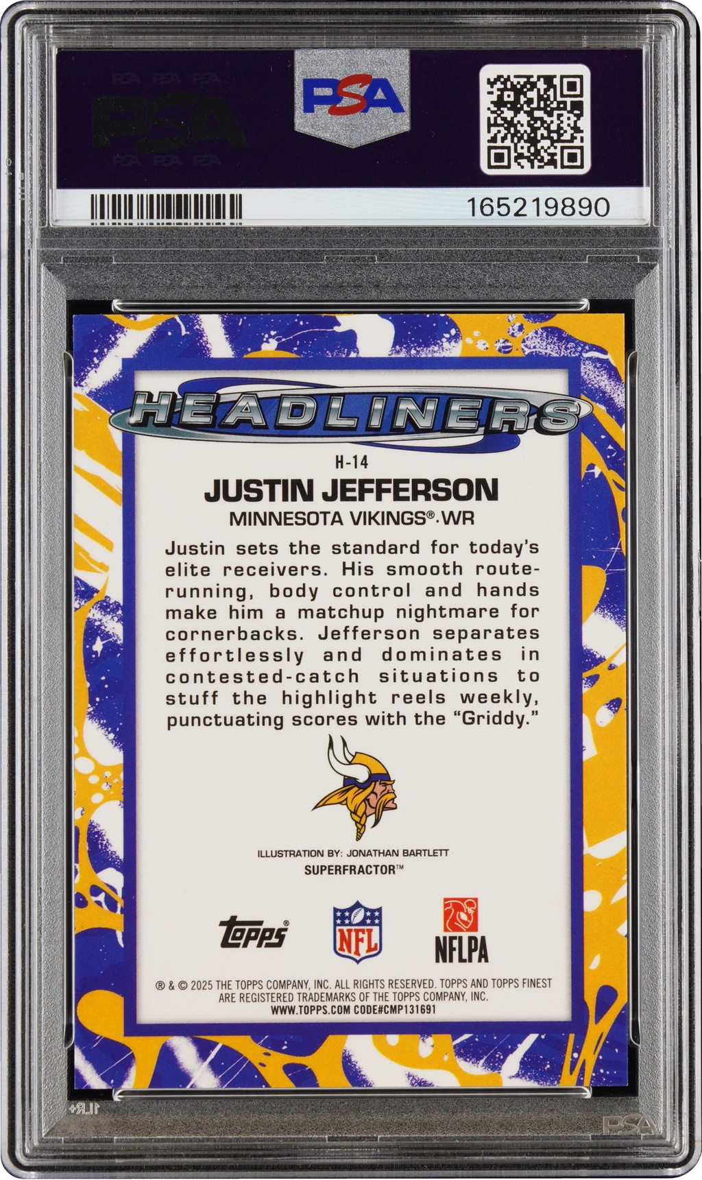 2025 Finest Headliners Superfractor Justin Jefferson 1/1 #H-14 PSA 10 GEM MT