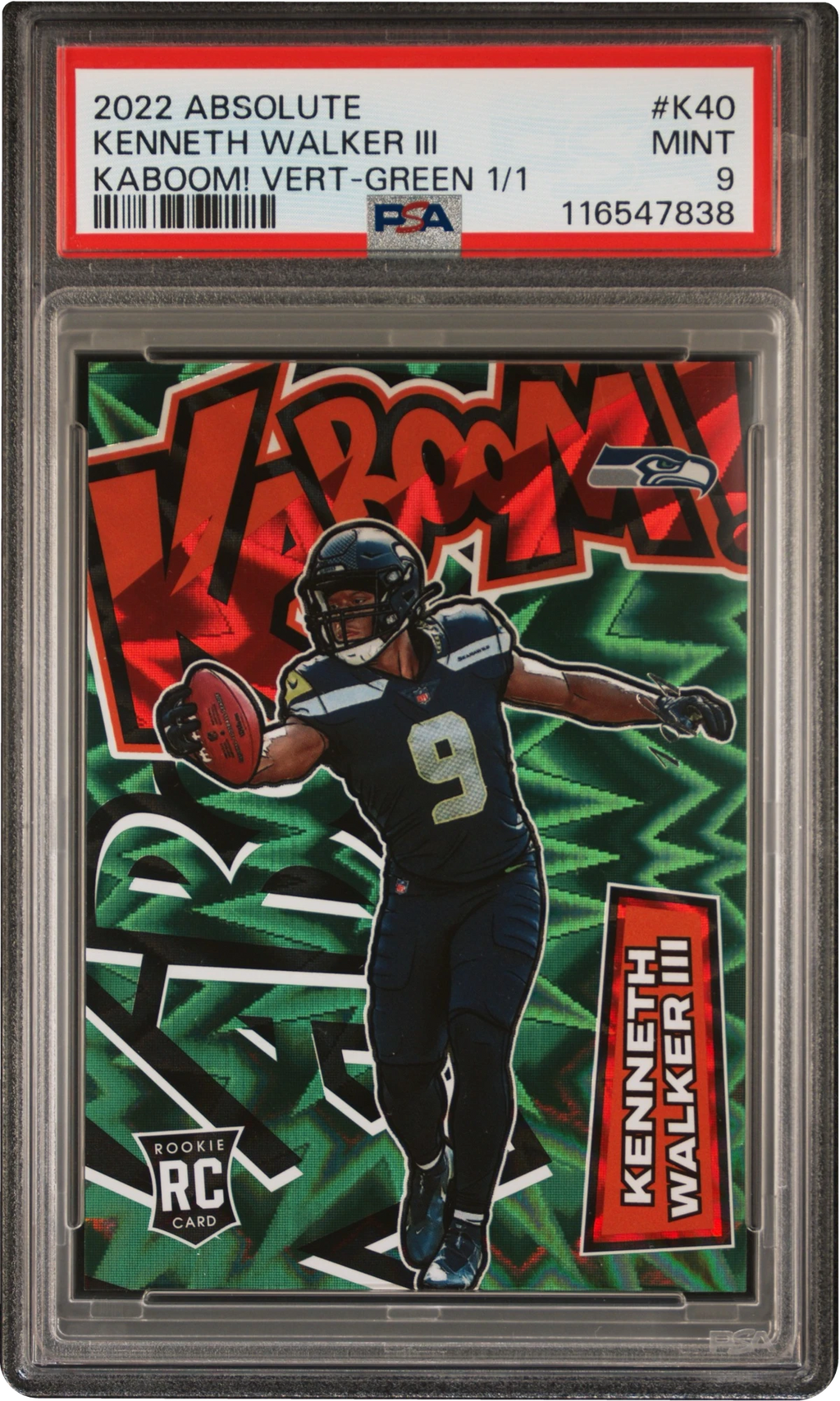 2022 Absolute Kaboom! Vertical Green Kenneth Walker III ROOKIE 1/1 #K40 PSA 9 MINT