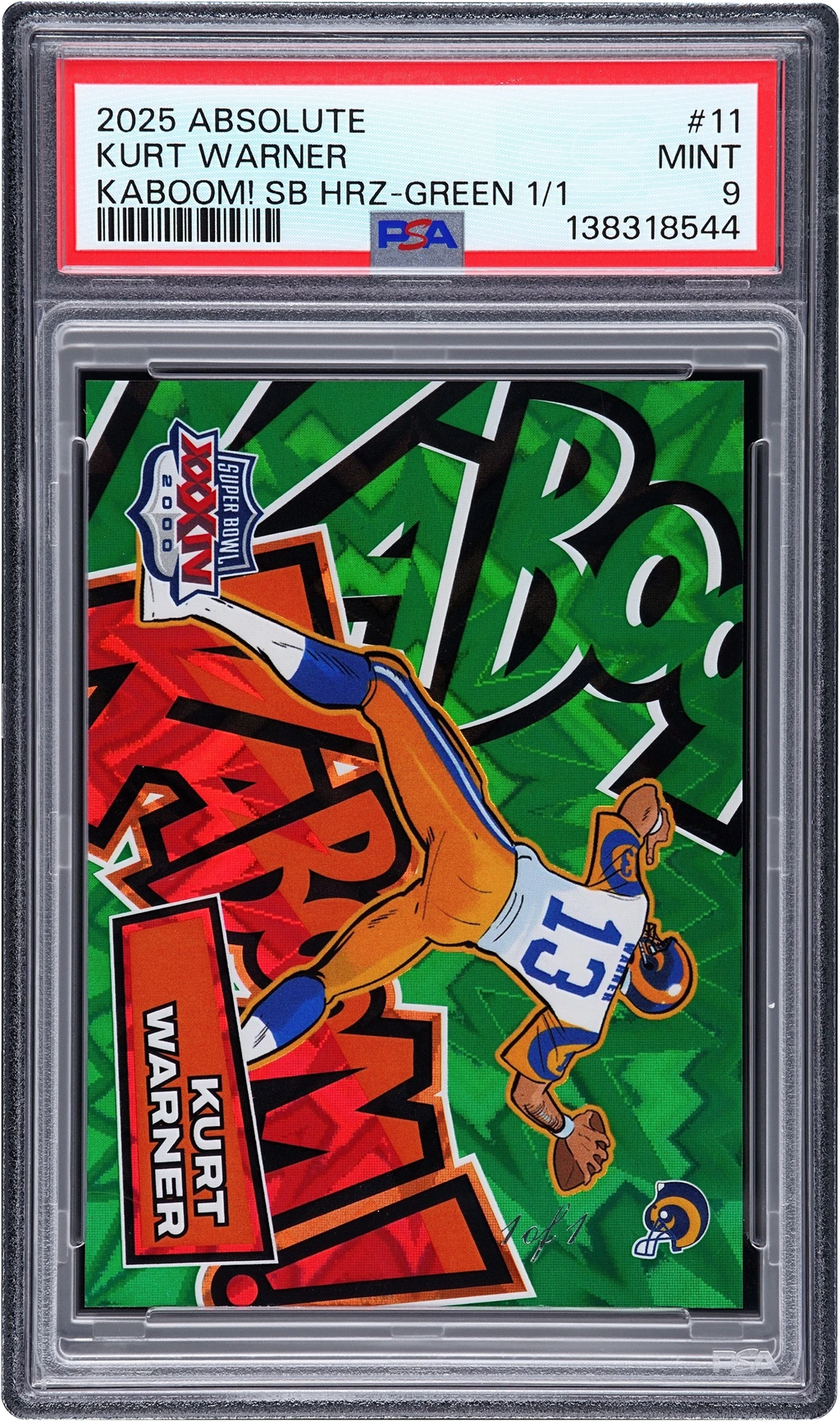 2025 Absolute Kaboom! Super Bowl Horizontal Green Kurt Warner 1/1 #11 PSA 9 MINT