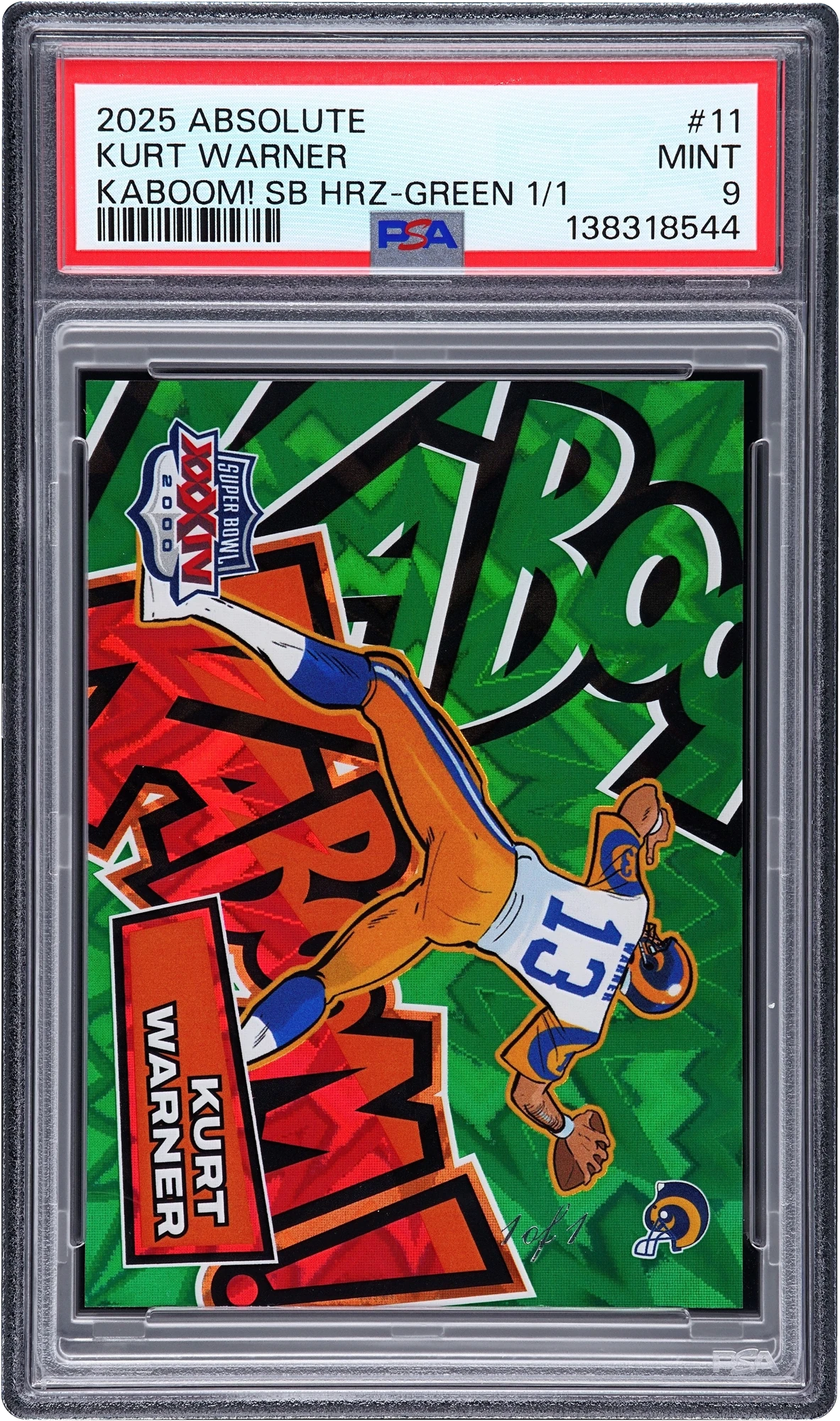2025 Absolute Kaboom! Super Bowl Horizontal Green Kurt Warner 1/1 #11 PSA 9 MINT