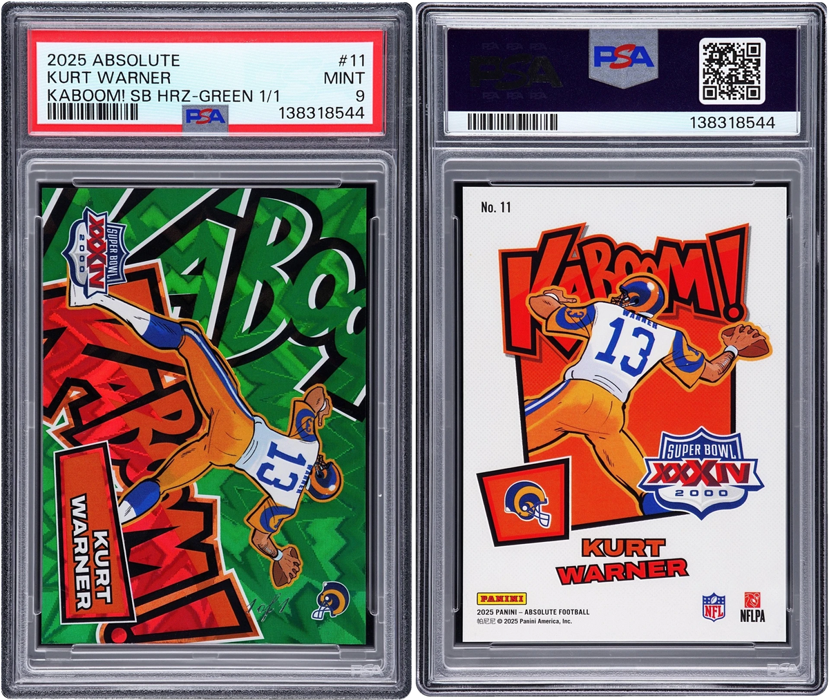 2025 Absolute Kaboom! Super Bowl Horizontal Green Kurt Warner 1/1 #11 PSA 9 MINT
