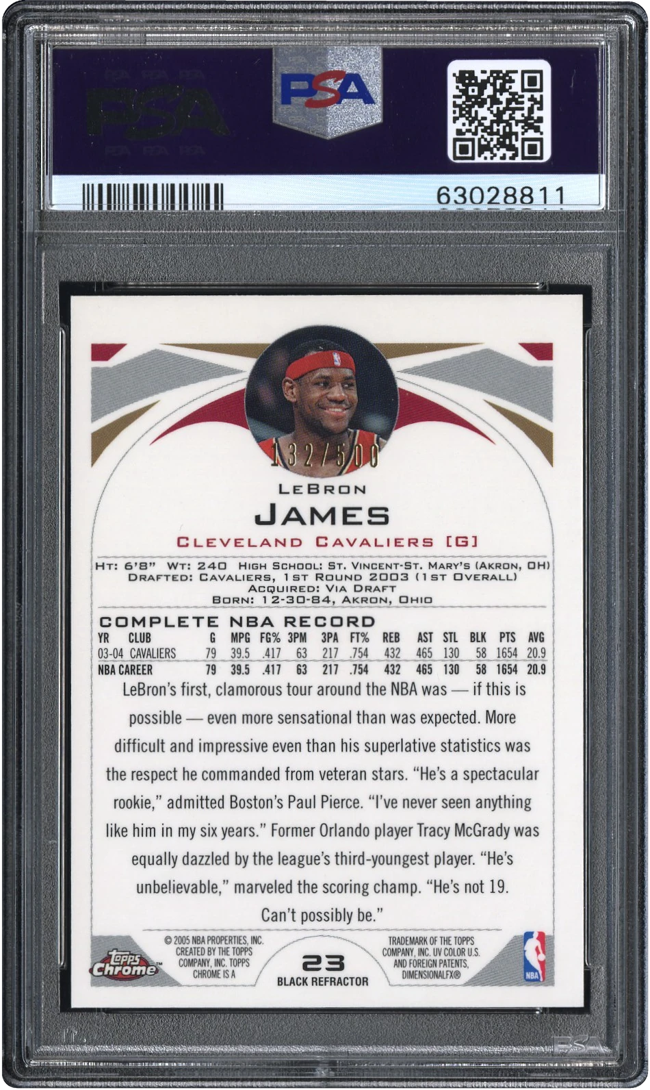 2004 Topps Chrome Black Refractor LeBron James /500 #23 PSA 9 MINT