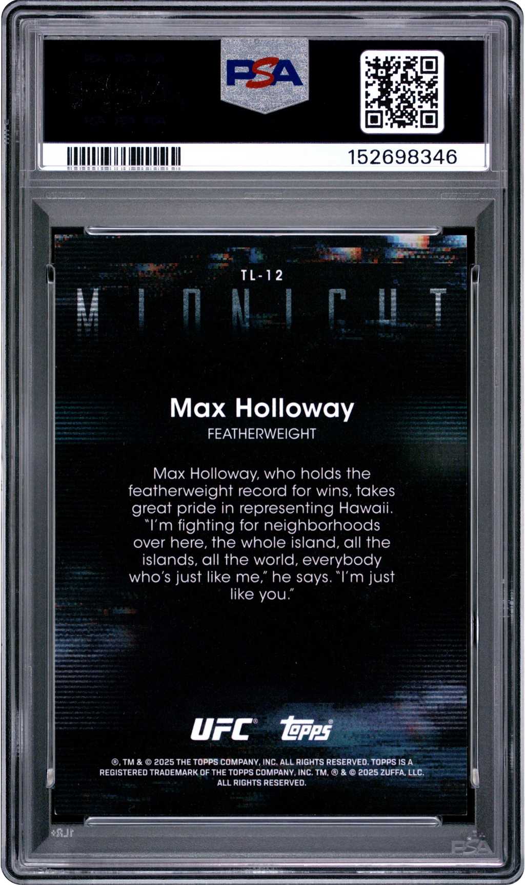 2025 Topps UFC Midnight Twilight Black Light Max Holloway 1/1 #TL-12 PSA 8 NM-MT