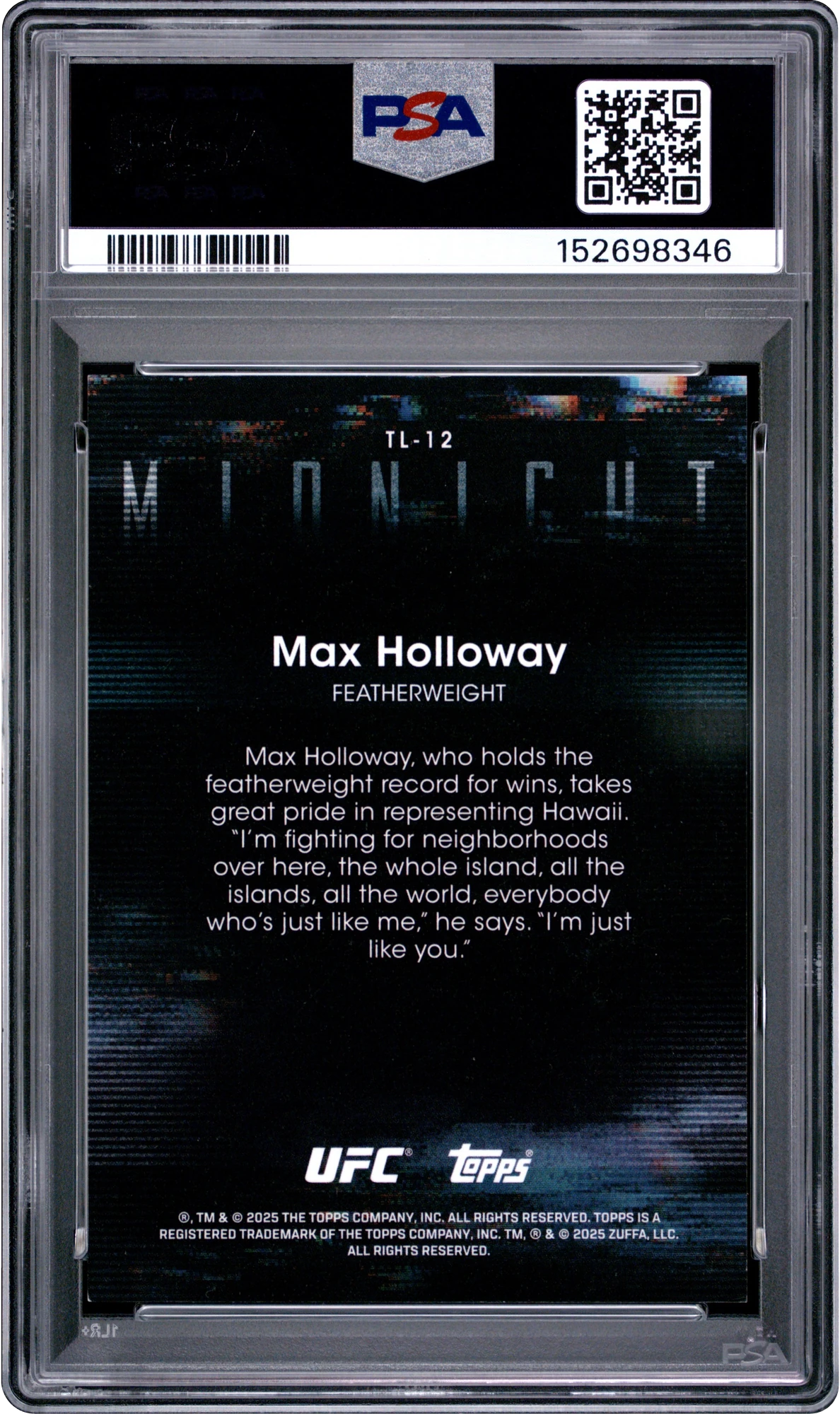 2025 Topps UFC Midnight Twilight Black Light Max Holloway 1/1 #TL-12 PSA 8 NM-MT