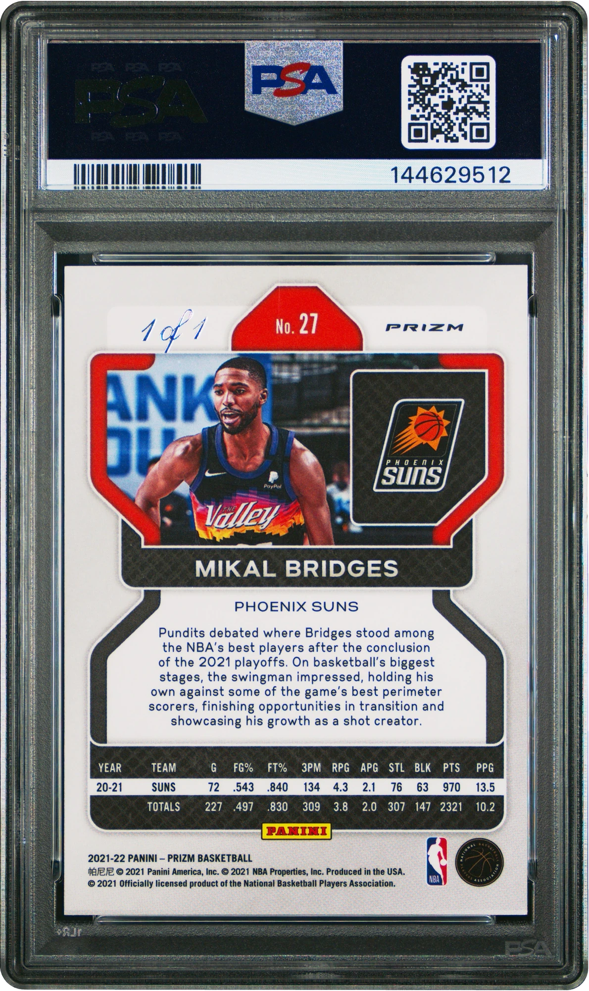 2021 Panini Prizm Black Mikal Bridges 1/1 #27 PSA 9 MINT