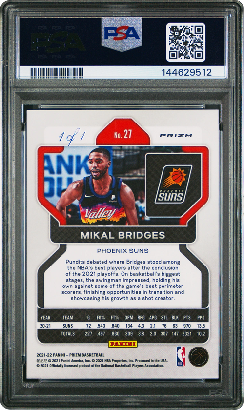 2021 Panini Prizm Black Mikal Bridges 1/1 #27 PSA 9 MINT