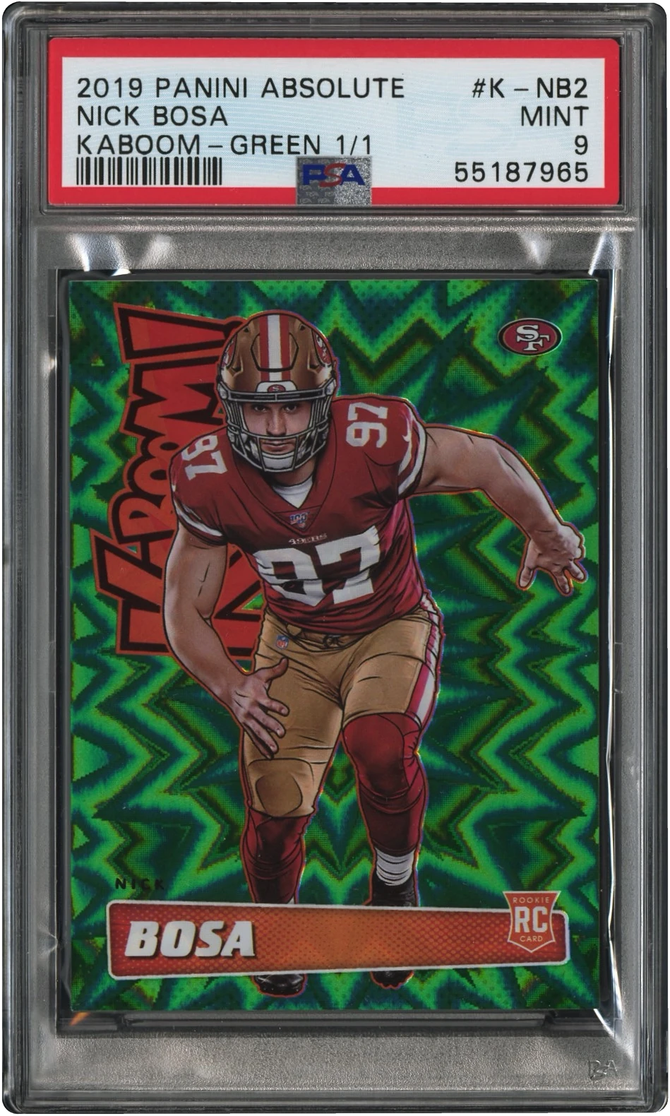 2019 Panini Absolute Kaboom Green Nick Bosa ROOKIE 1/1 #K-NB2 PSA 9 MINT