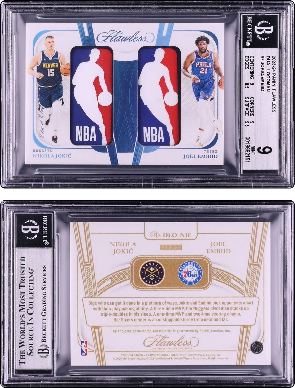 2023 Panini Flawless Dual Nikola Jokic Joel Embiid NBA LOGOMAN PATCH 1/1 #DLO-NJE BGS 9 MINT