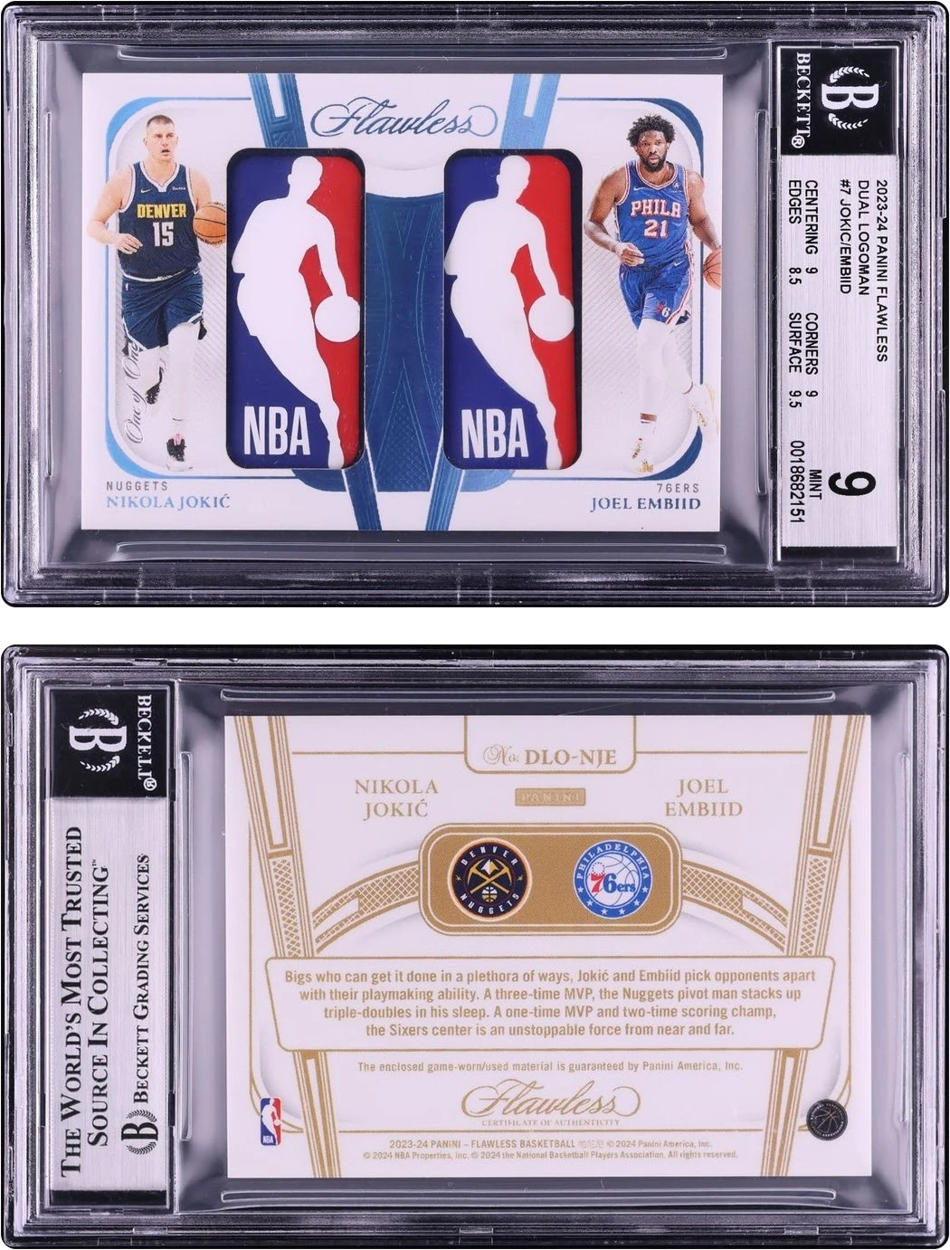 2023 Panini Flawless Dual Nikola Jokic Joel Embiid NBA LOGOMAN PATCH 1/1 #DLO-NJE BGS 9 MINT