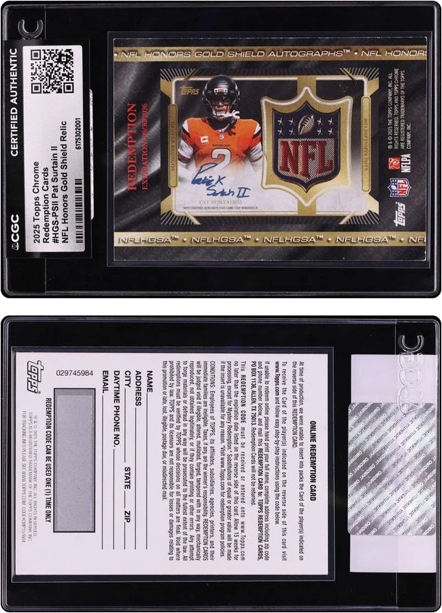 2025 Topps Chrome Honors DPOY Gold NFL Shield Pat Surtain II PATCH AUTO 1/1 Redemption CGC AUTH