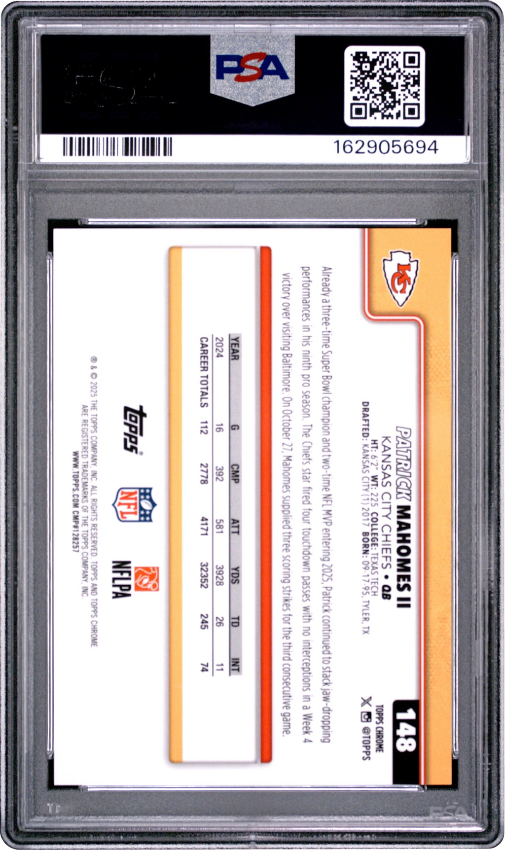 2025 Topps Chrome Sapphire Edition Gold Patrick Mahomes II /50 #148 PSA 10 GEM MINT