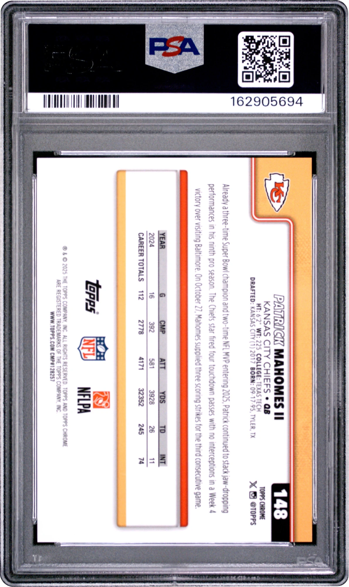 2025 Topps Chrome Sapphire Edition Gold Patrick Mahomes II /50 #148 PSA 10 GEM MINT