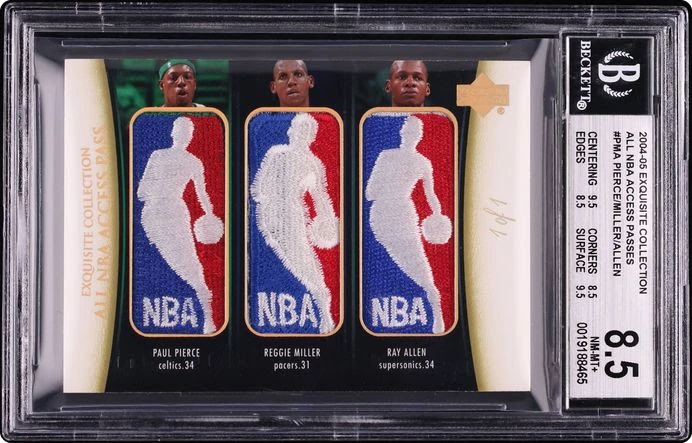 2004 Exquisite Collection Triple Paul Pierce Reggie Miller Ray Allen LOGOMAN PATCH 1/1 BGS 8.5