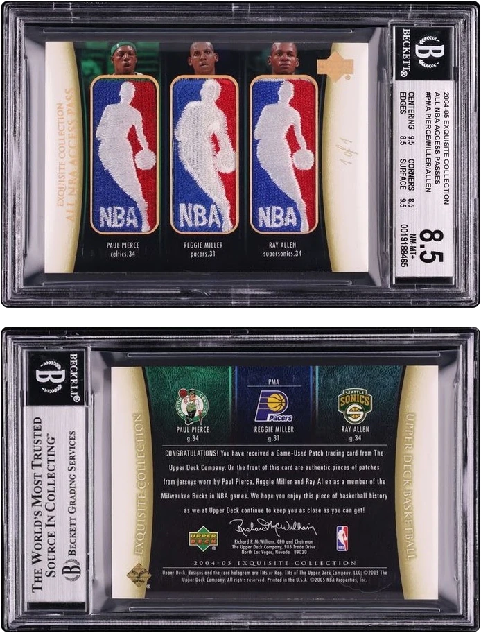 2004 Exquisite Collection Triple Paul Pierce Reggie Miller Ray Allen LOGOMAN PATCH 1/1 BGS 8.5