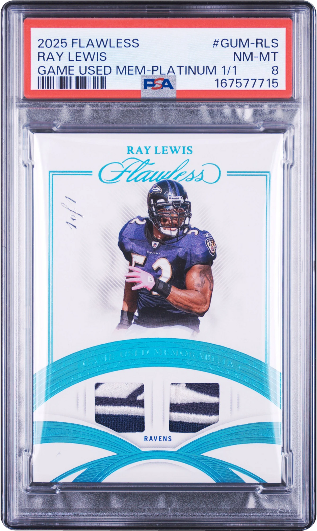 2025 Panini Flawless Game Used Platinum Ray Lewis PATCH 1/1 #GUM-RLS PSA 8 NM-MT
