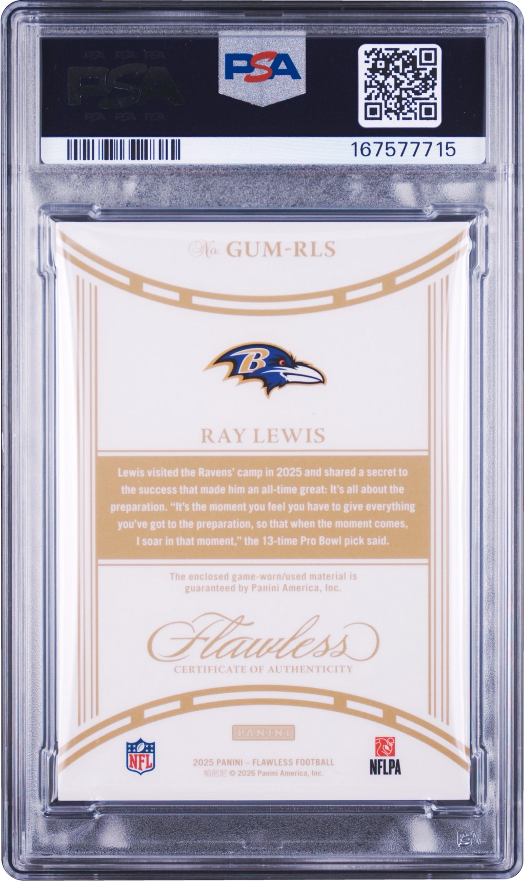 2025 Panini Flawless Game Used Platinum Ray Lewis PATCH 1/1 #GUM-RLS PSA 8 NM-MT