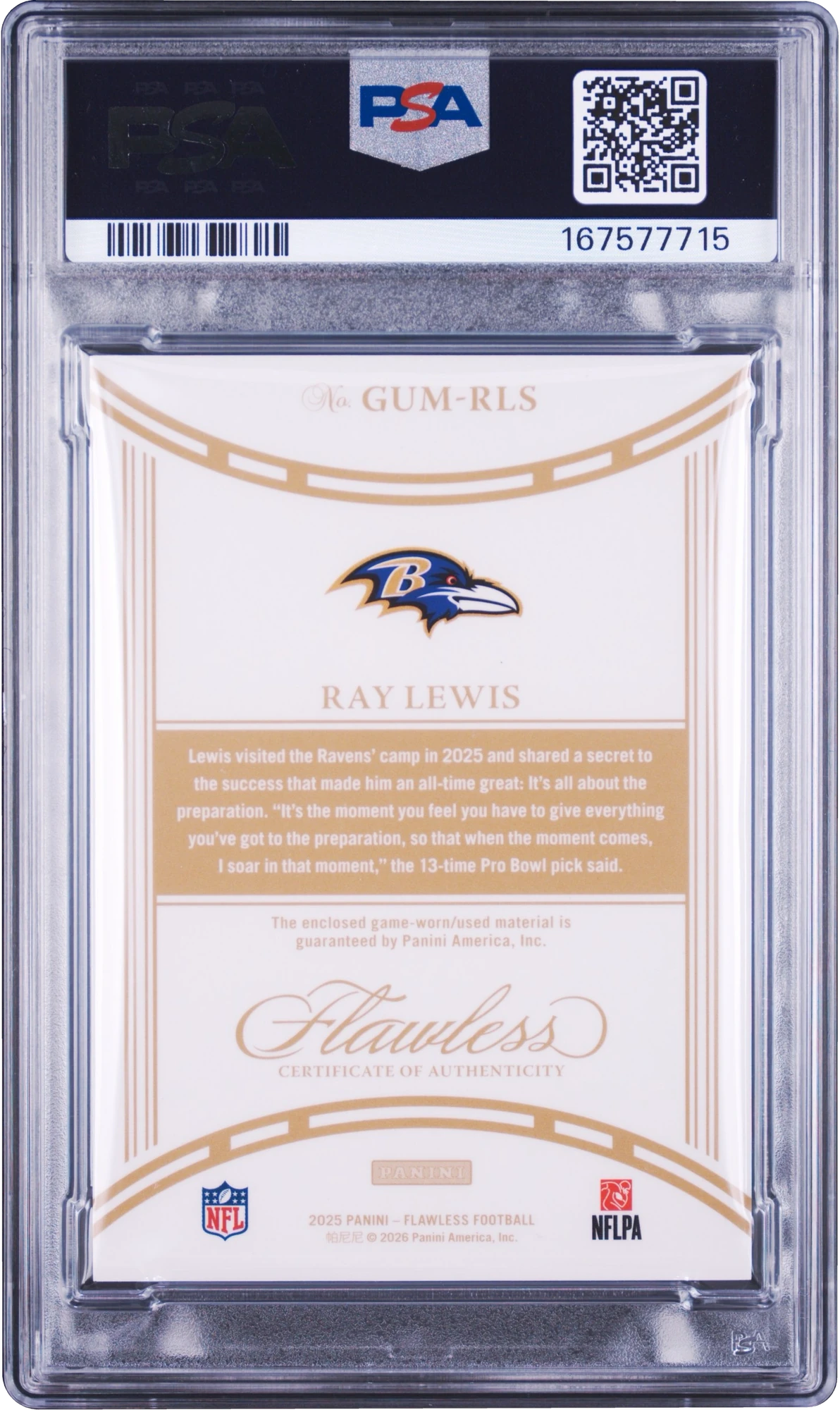 2025 Panini Flawless Game Used Platinum Ray Lewis PATCH 1/1 #GUM-RLS PSA 8 NM-MT