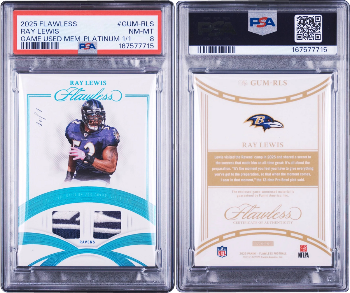 2025 Panini Flawless Game Used Platinum Ray Lewis PATCH 1/1 #GUM-RLS PSA 8 NM-MT