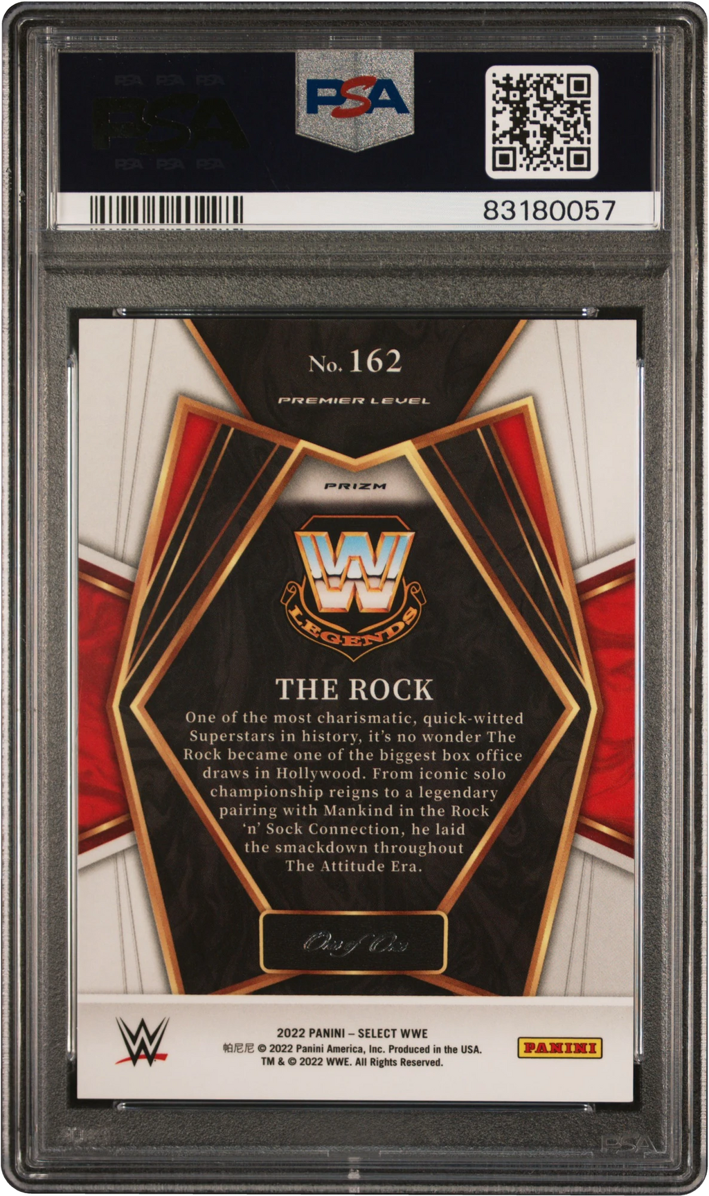 2022 Select WWE Premier Level Black Prizm The Rock 1/1 #162 PSA 9 MINT