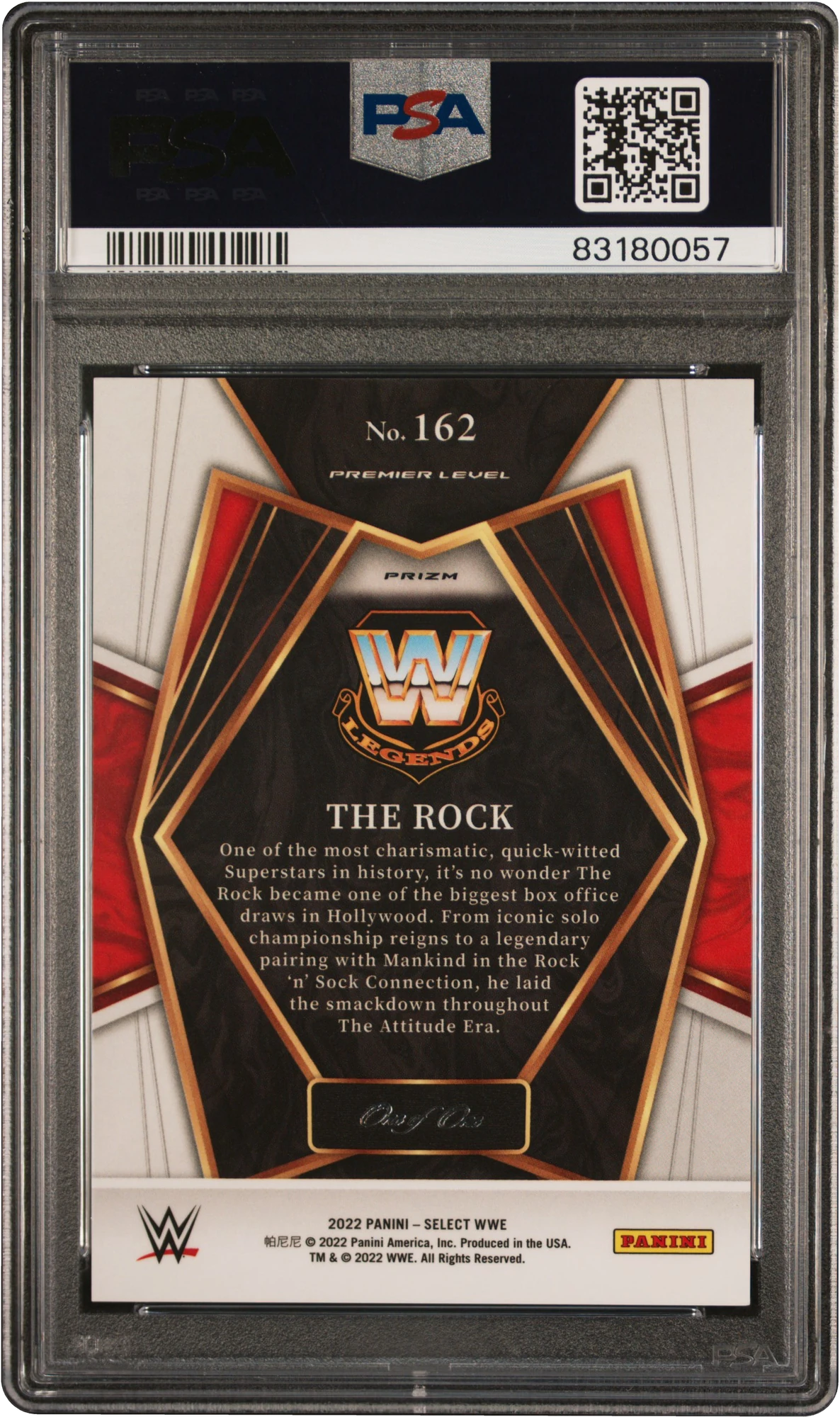 2022 Select WWE Premier Level Black Prizm The Rock 1/1 #162 PSA 9 MINT