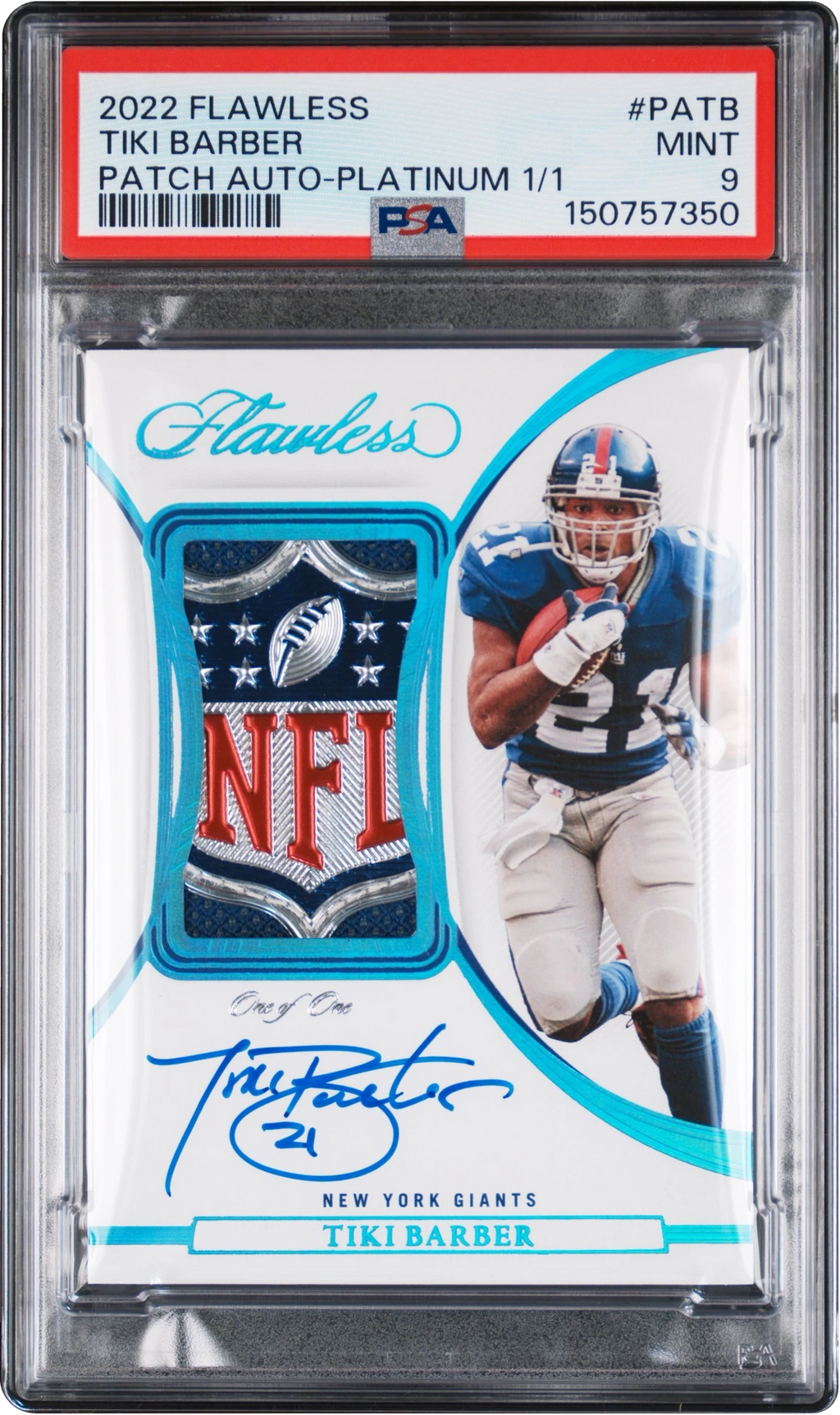 2022 Panini Flawless Platinum Tiki Barber SHIELD PATCH AUTO 1/1 #PATB PSA 9 MINT