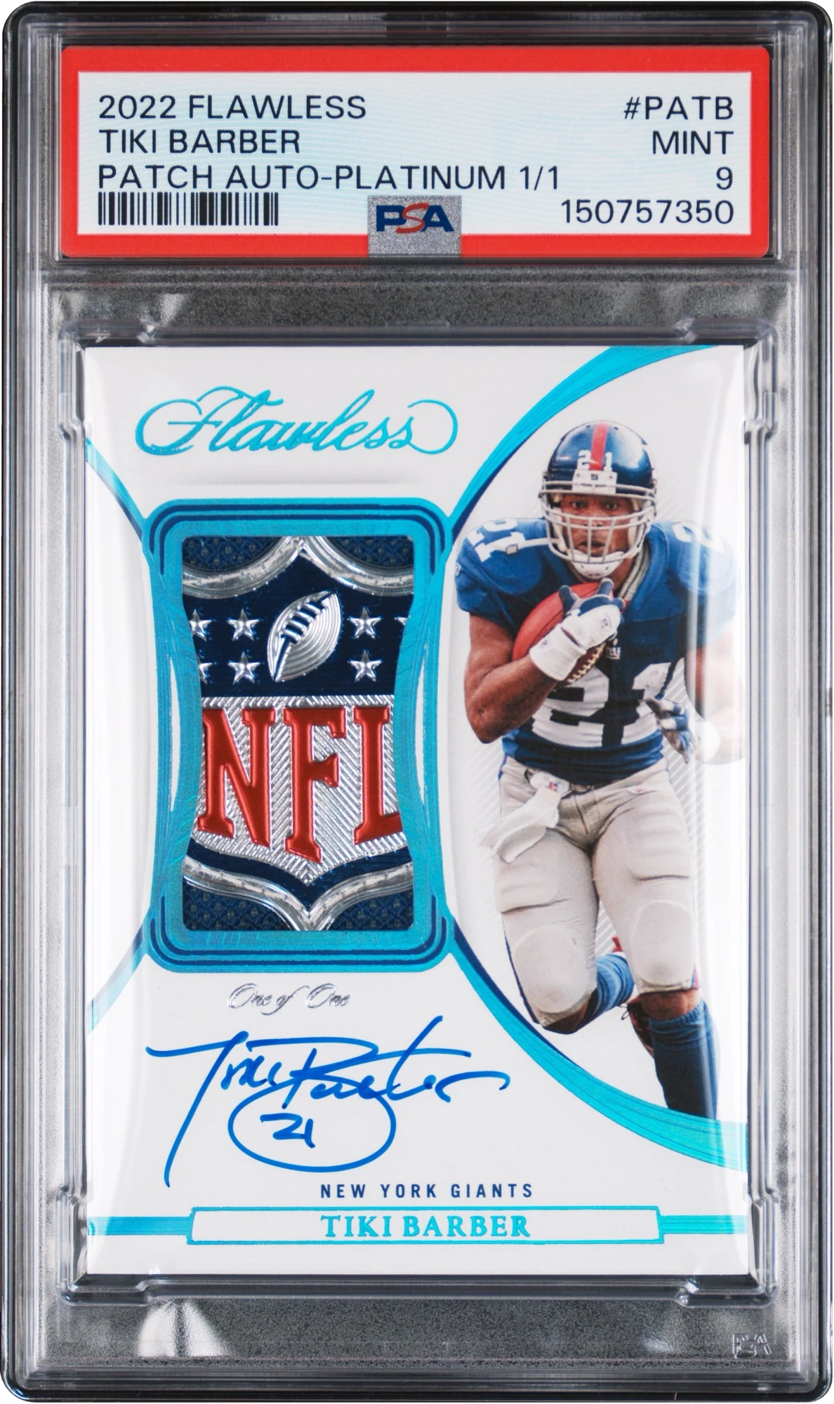 2022 Panini Flawless Platinum Tiki Barber SHIELD PATCH AUTO 1/1 #PATB PSA 9 MINT