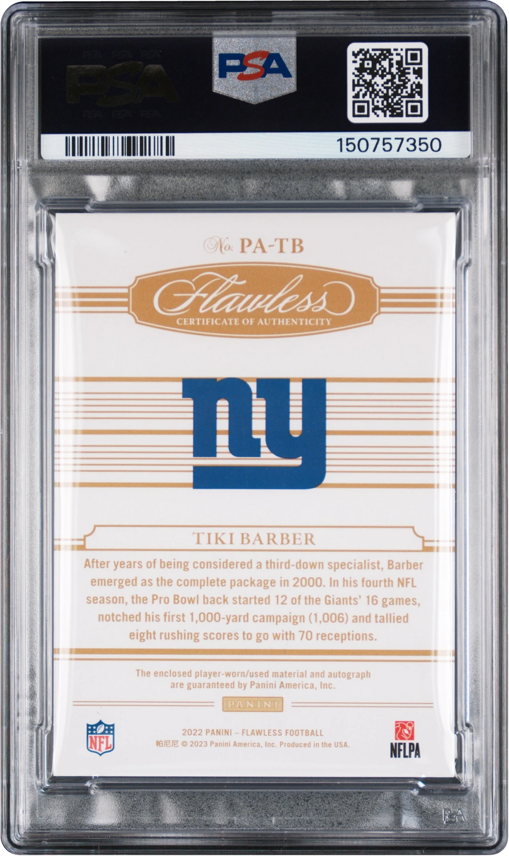 2022 Panini Flawless Platinum Tiki Barber SHIELD PATCH AUTO 1/1 #PATB PSA 9 MINT