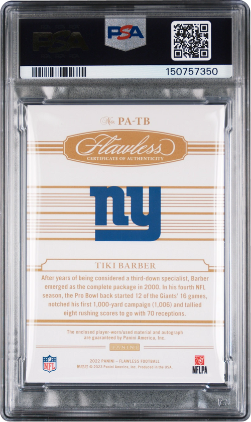 2022 Panini Flawless Platinum Tiki Barber SHIELD PATCH AUTO 1/1 #PATB PSA 9 MINT