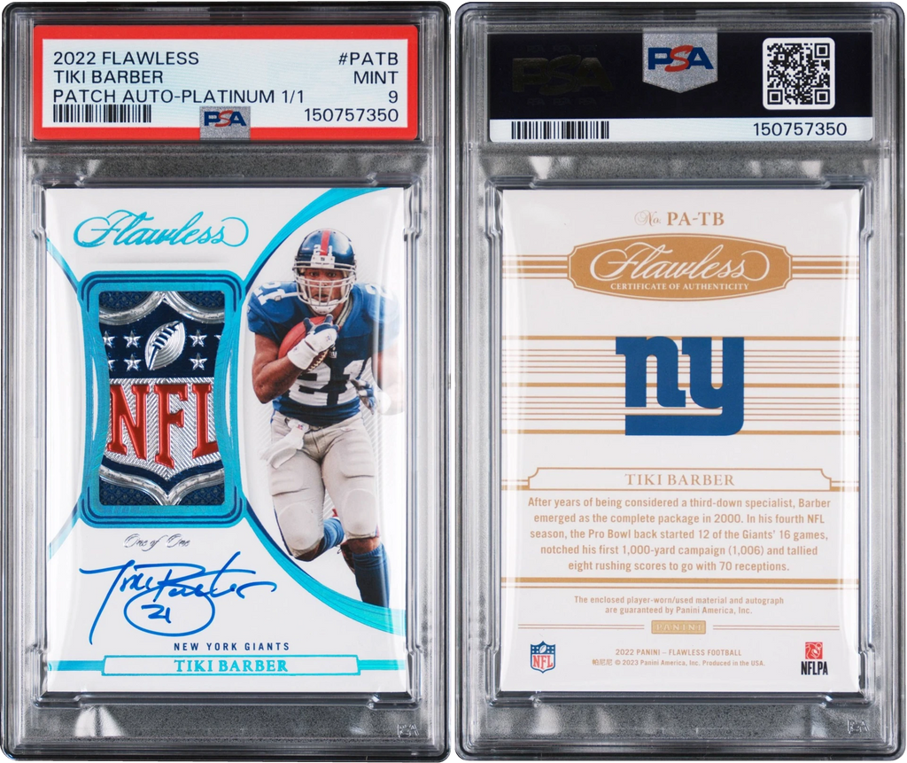 2022 Panini Flawless Platinum Tiki Barber SHIELD PATCH AUTO 1/1 #PATB PSA 9 MINT