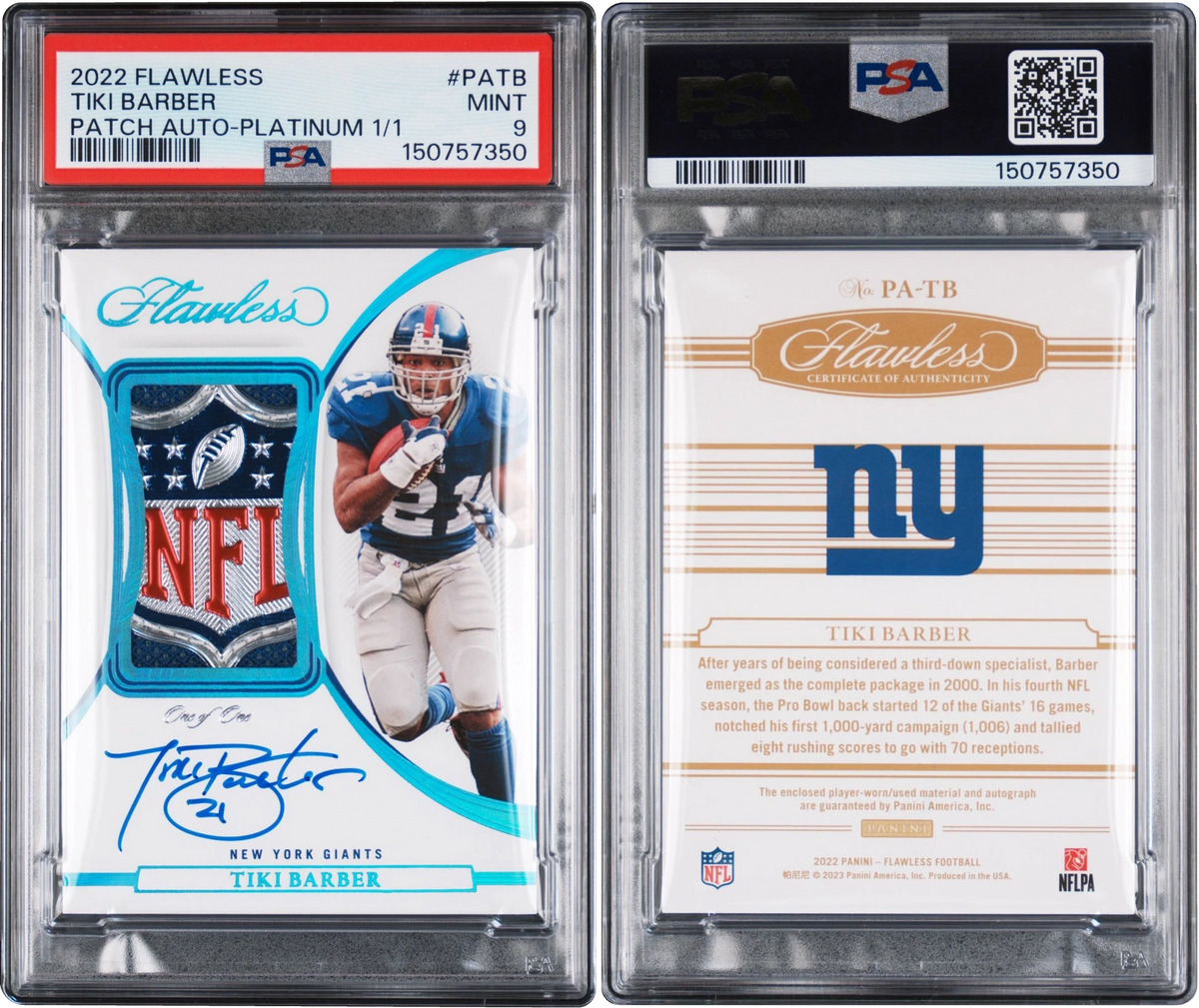 2022 Panini Flawless Platinum Tiki Barber SHIELD PATCH AUTO 1/1 #PATB PSA 9 MINT