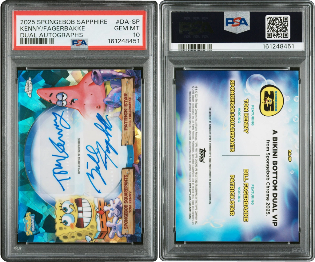 2025 Topps Chrome SpongeBob Sapphire Dual Tom Kenny Bill Fagerbakke AUTO #DA-SP PSA 10 GEM MINT