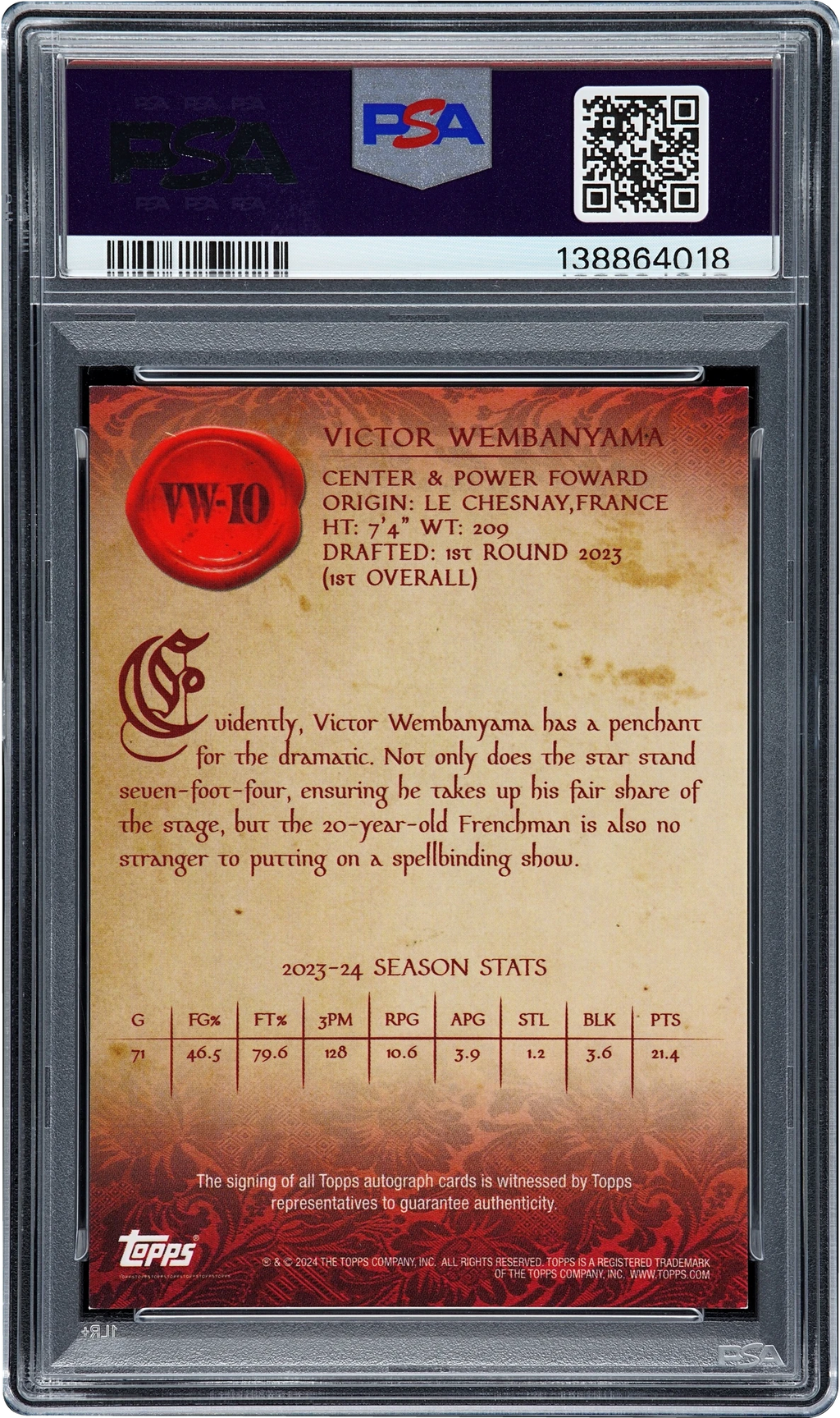 2023 Topps Mercury Insert Superfractor Victor Wembanyama ROOKIE AUTO 1/1 #VW-10 PSA 8 NM-MT