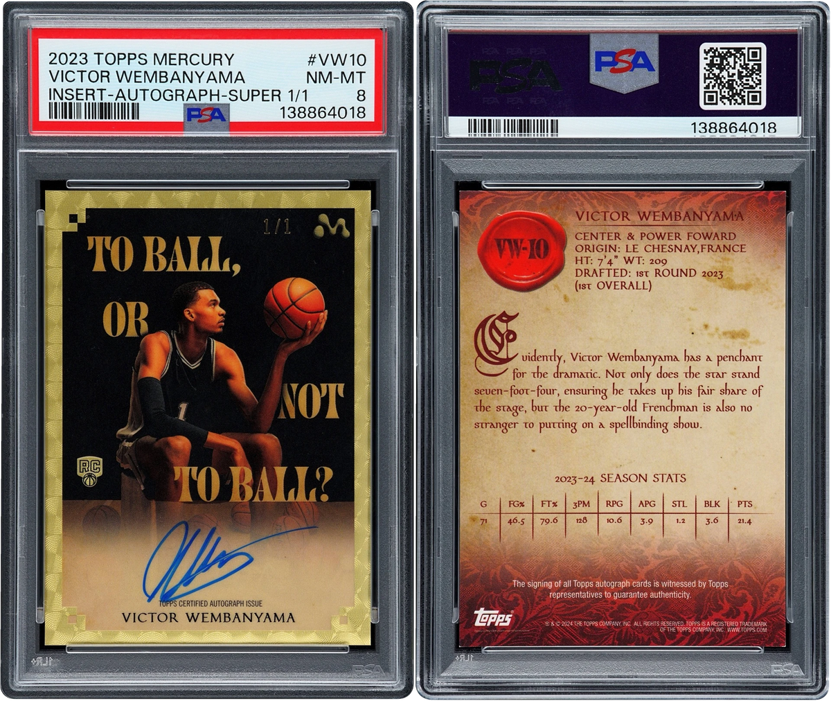 2023 Topps Mercury Insert Superfractor Victor Wembanyama ROOKIE AUTO 1/1 #VW-10 PSA 8 NM-MT