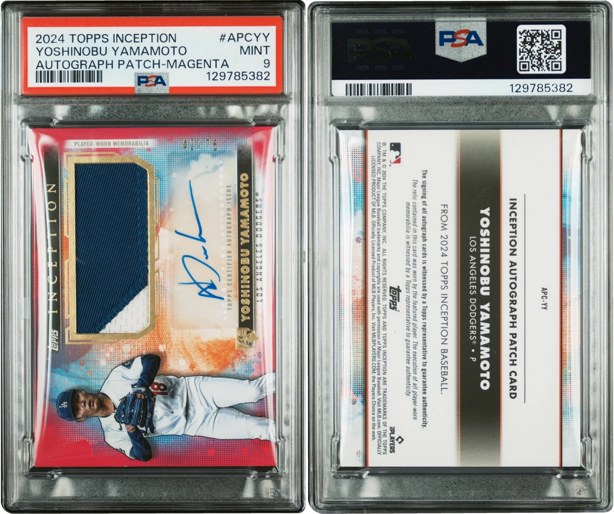 2024 Topps Inception Magenta Yoshinobu Yamamoto ROOKIE PATCH AUTO /75 #APC-YY PSA 9 MINT